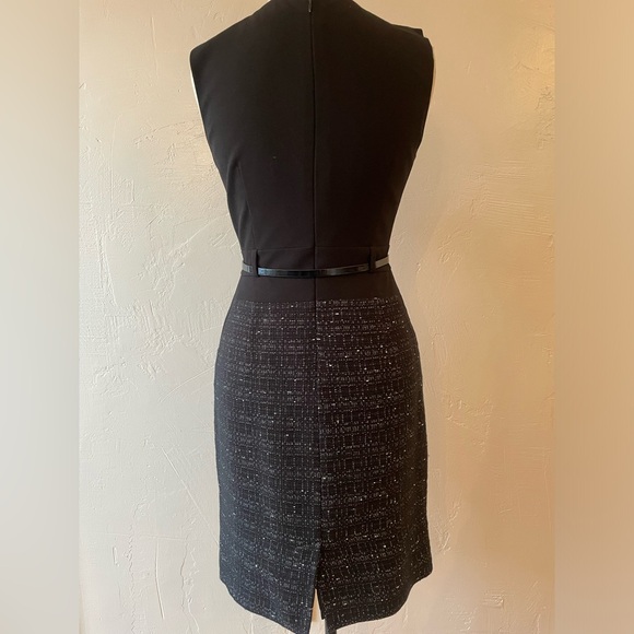 Calvin Klein Black Belted Sheath Dress with Metallic Threaded Boucle Skirt - Picture 2 of 6